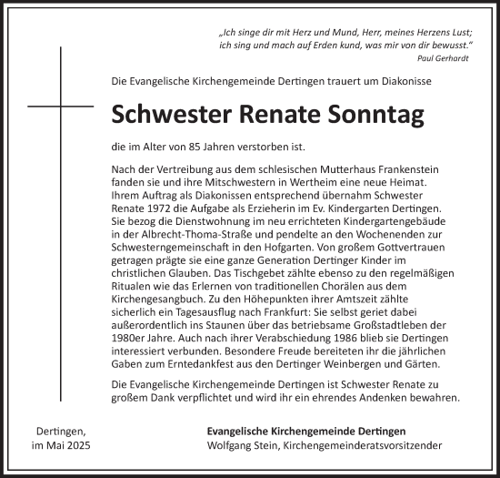Traueranzeige von Renate Sonntag von Fränkische Nachrichten