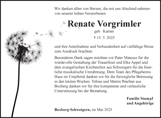 Traueranzeige von Renate Vorgrimler von Fränkische Nachrichten