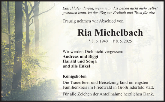 Traueranzeige von Ria Michelbach von Fränkische Nachrichten