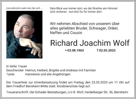 Traueranzeige von Richard  Wolf von Bergsträßer Anzeiger