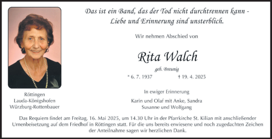 Traueranzeige von Rita Walch von Fränkische Nachrichten