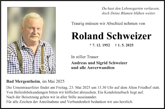 Traueranzeige von Roland Schweizer von Fränkische Nachrichten