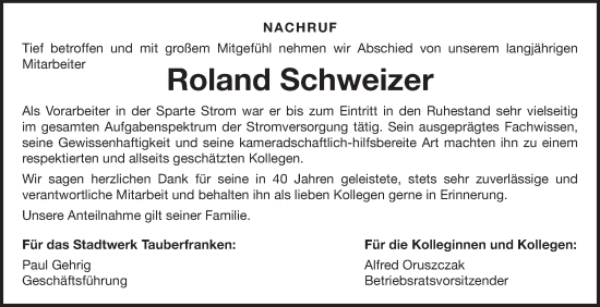 Traueranzeige von Roland Schweizer von Fränkische Nachrichten