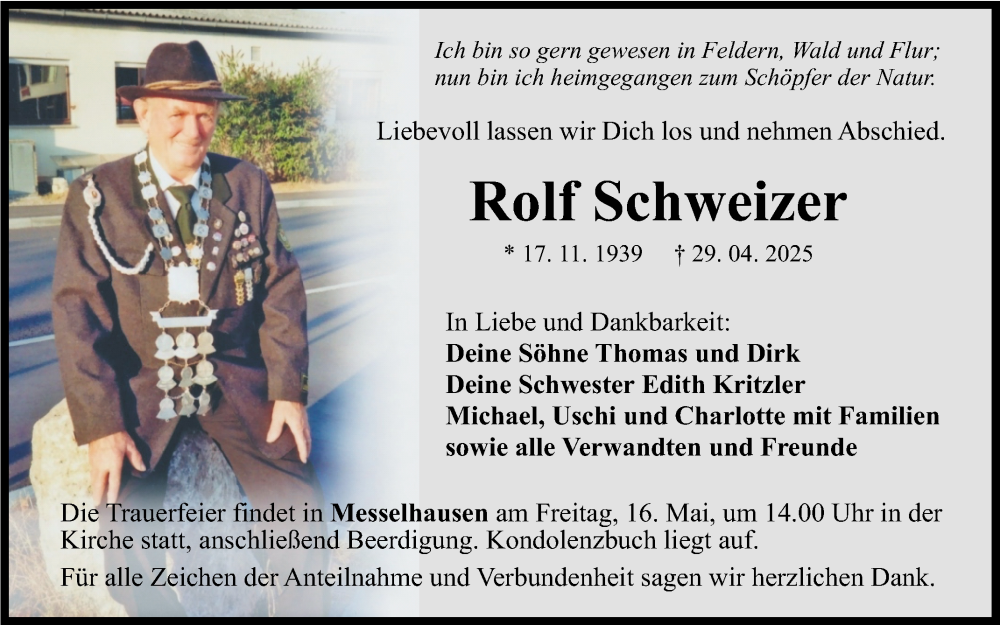  Traueranzeige für Rolf Schweizer vom 10.05.2025 aus Fränkische Nachrichten