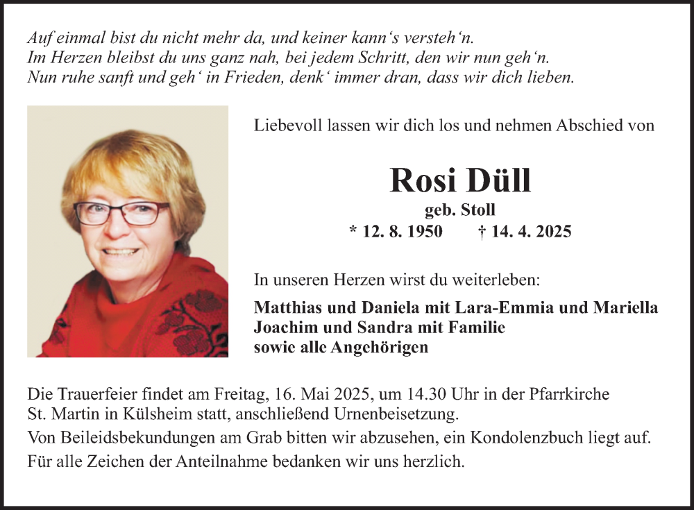  Traueranzeige für Rosi Düll vom 10.05.2025 aus Fränkische Nachrichten