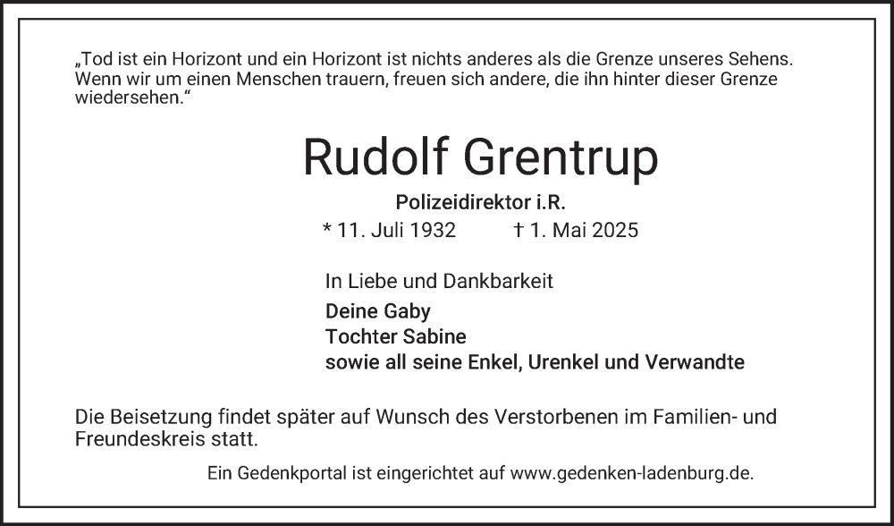  Traueranzeige für Rudolf Grentrup vom 10.05.2025 aus Mannheimer Morgen