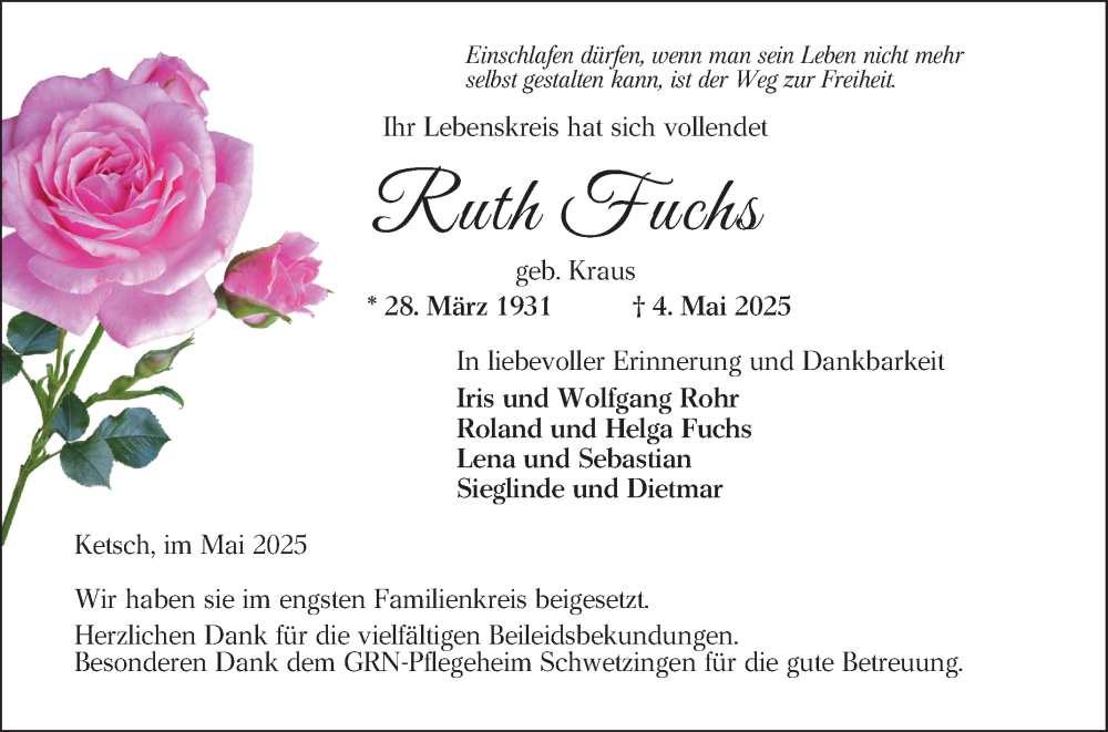  Traueranzeige für Ruth Fuchs vom 17.05.2025 aus Schwetzinger Zeitung