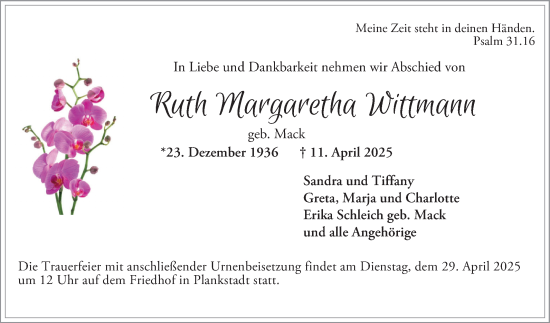 Traueranzeige von Ruth Margaretha Wittmann von Schwetzinger Zeitung