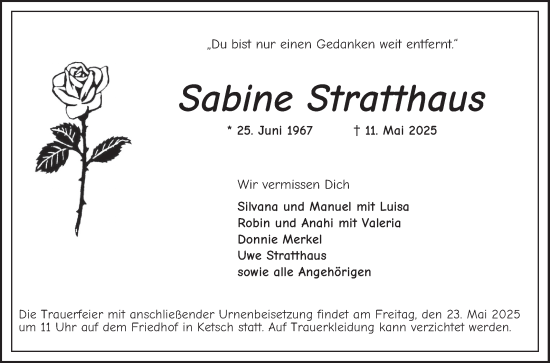 Traueranzeige von Sabine Stratthaus von Schwetzinger Zeitung