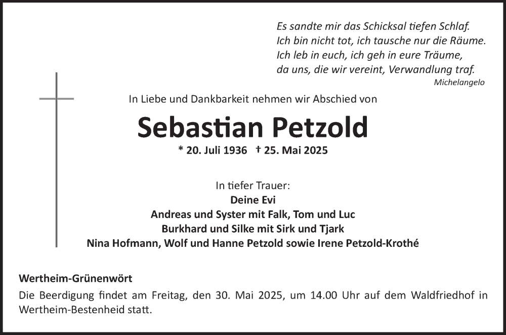  Traueranzeige für Sebastian Petzold vom 28.05.2025 aus Fränkische Nachrichten