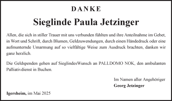 Traueranzeige von Sieglinde Paula Jetzinger von Fränkische Nachrichten