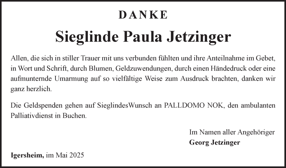  Traueranzeige für Sieglinde Paula Jetzinger vom 24.05.2025 aus Fränkische Nachrichten