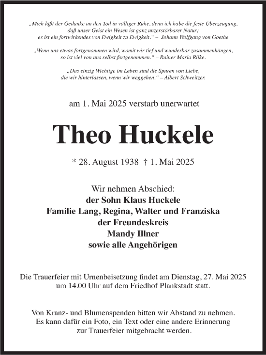 Traueranzeige von Theo Huckele von Schwetzinger Zeitung