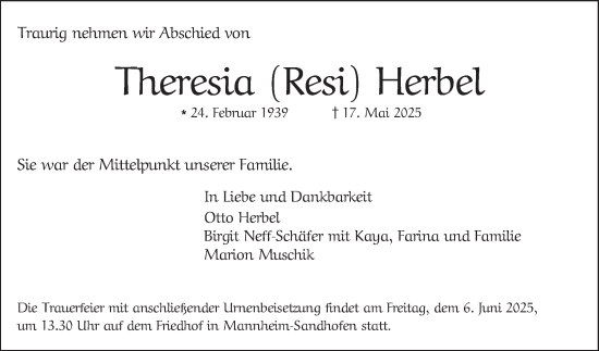 Traueranzeige von Theresia Herbel von Mannheimer Morgen