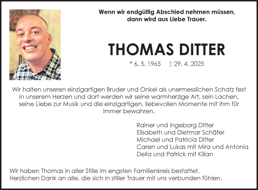  Traueranzeige für Thomas Ditter vom 31.05.2025 aus Fränkische Nachrichten