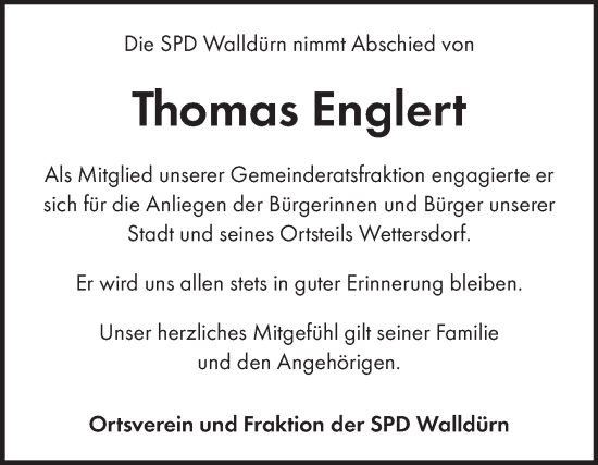 Traueranzeige von Thomas Englert von Fränkische Nachrichten