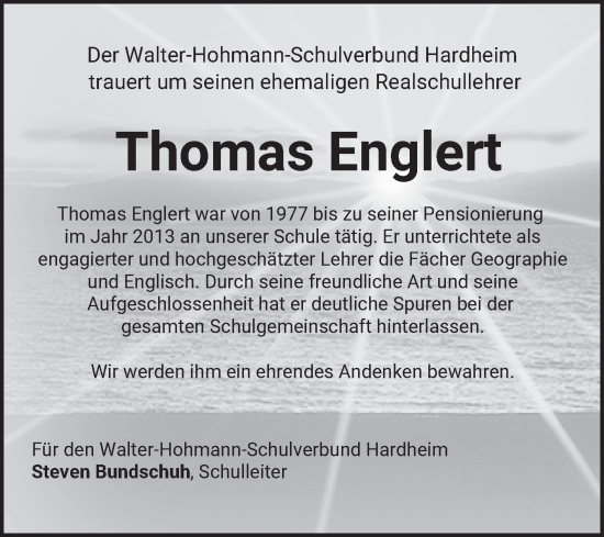 Traueranzeige von Thomas Englert von Fränkische Nachrichten