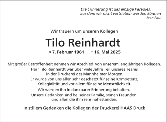 Traueranzeige von Tilo Reinhardt von Mannheimer Morgen