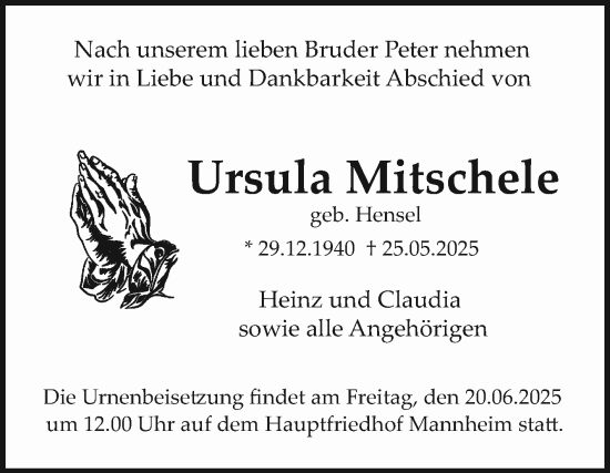 Traueranzeige von Ursula Mitschele von Mannheimer Morgen