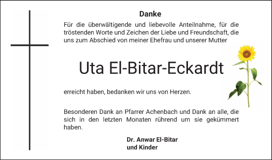 Traueranzeige von Uta El-Bitar-Eckardt von Bergsträßer Anzeiger