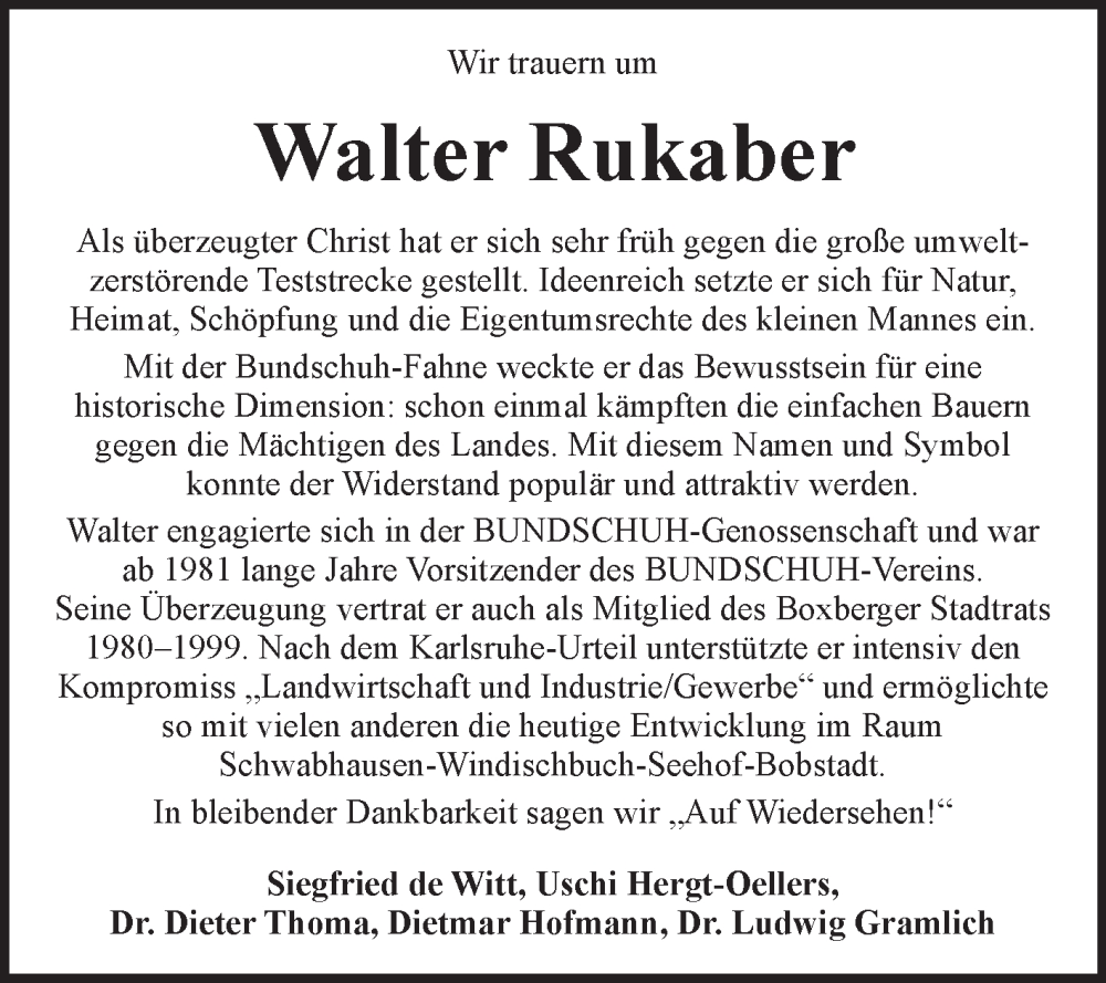  Traueranzeige für Walter Rukaber vom 08.05.2025 aus Fränkische Nachrichten