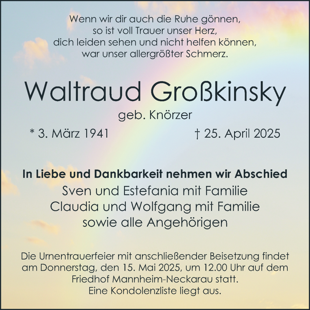  Traueranzeige für Waltraud Großkinsky vom 03.05.2025 aus Mannheimer Morgen