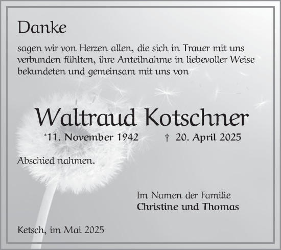 Traueranzeige von Waltraud Kotschner von Schwetzinger Zeitung