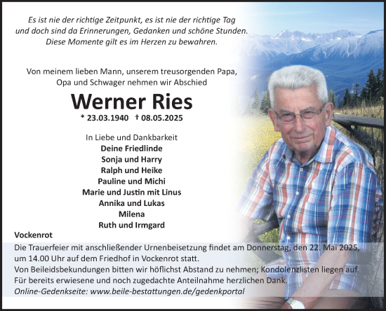 Traueranzeige von Werner Ries von Fränkische Nachrichten