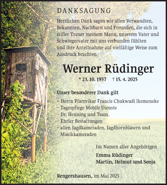 Traueranzeige von Werner Rüdinger von Fränkische Nachrichten