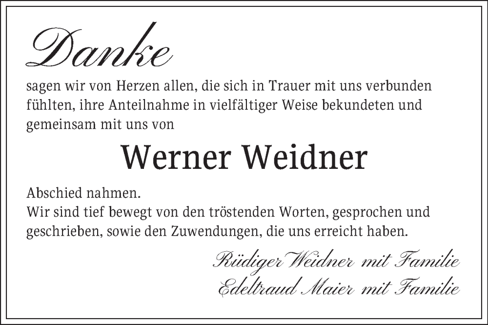  Traueranzeige für Werner Weidner vom 24.05.2025 aus Schwetzinger Zeitung