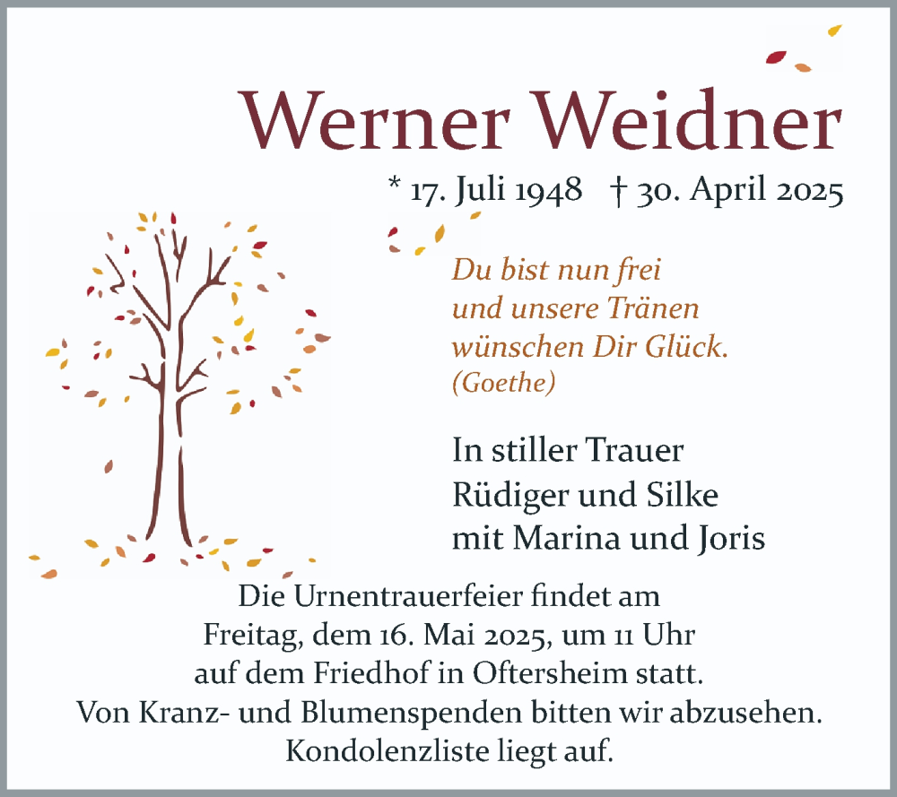  Traueranzeige für Werner Weidner vom 10.05.2025 aus Schwetzinger Zeitung