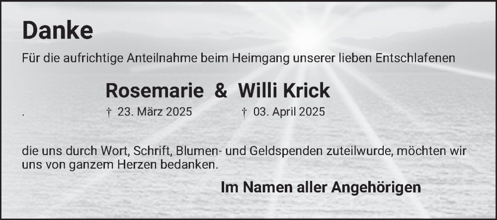  Traueranzeige für Willi Krick vom 07.05.2025 aus Bergsträßer Anzeiger