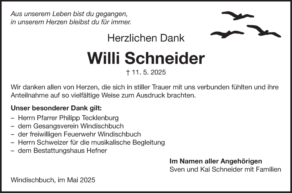  Traueranzeige für Willi Schneider vom 31.05.2025 aus Fränkische Nachrichten