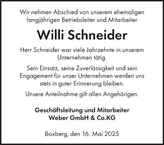 Traueranzeige von Willi Schneider von Fränkische Nachrichten