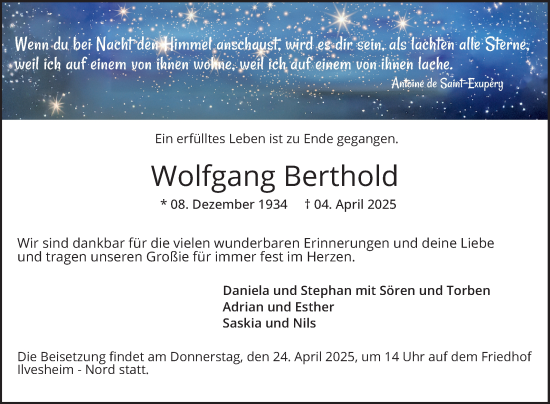 Traueranzeige von Wolfgang Berthold von Mannheimer Morgen