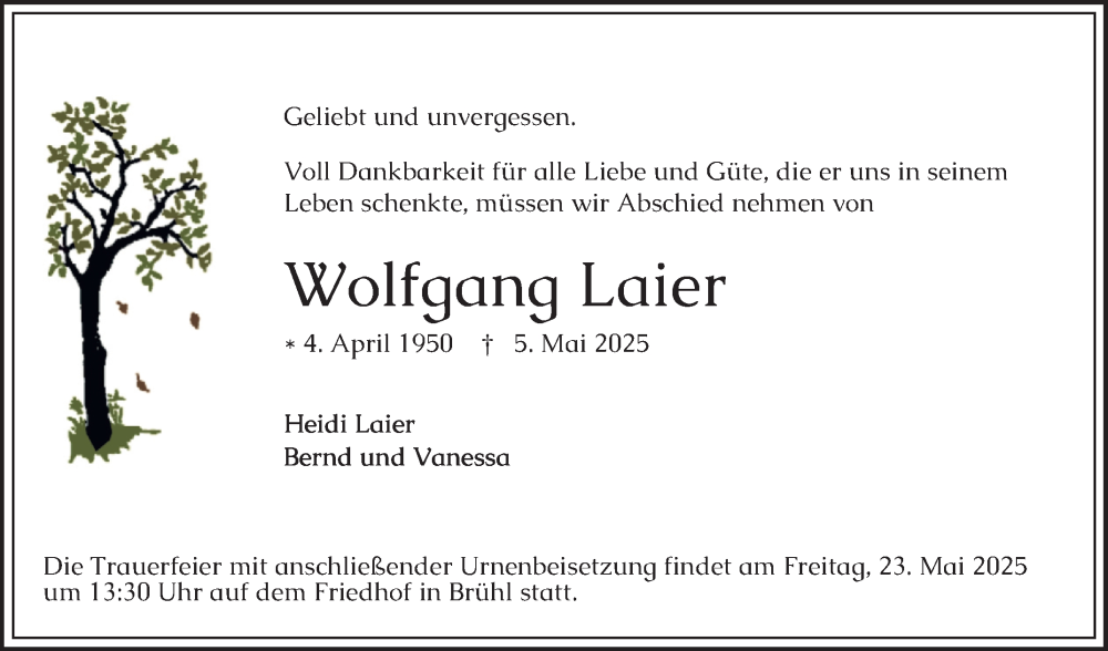  Traueranzeige für Wolfgang Laier vom 17.05.2025 aus Schwetzinger Zeitung