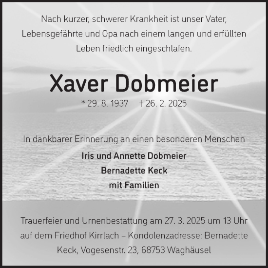 Traueranzeige von Xaver Dobmeier von Fränkische Nachrichten