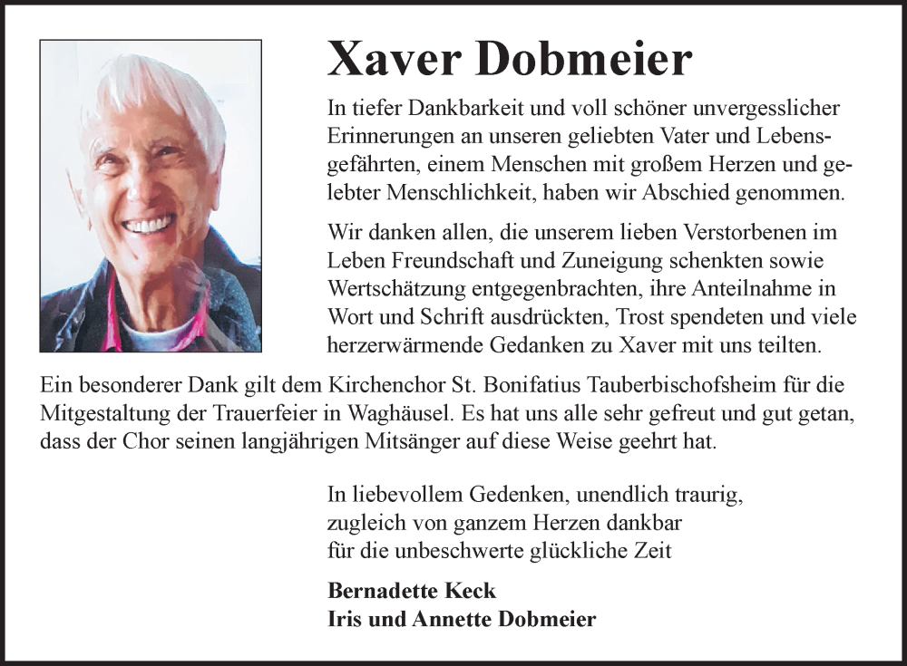  Traueranzeige für Xaver Dobmeier vom 19.04.2025 aus Fränkische Nachrichten