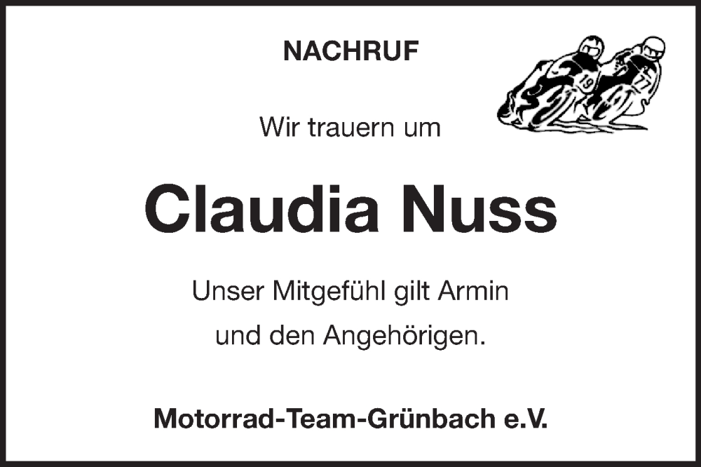  Traueranzeige für Claudia Nuß vom 31.05.2025 aus Fränkische Nachrichten
