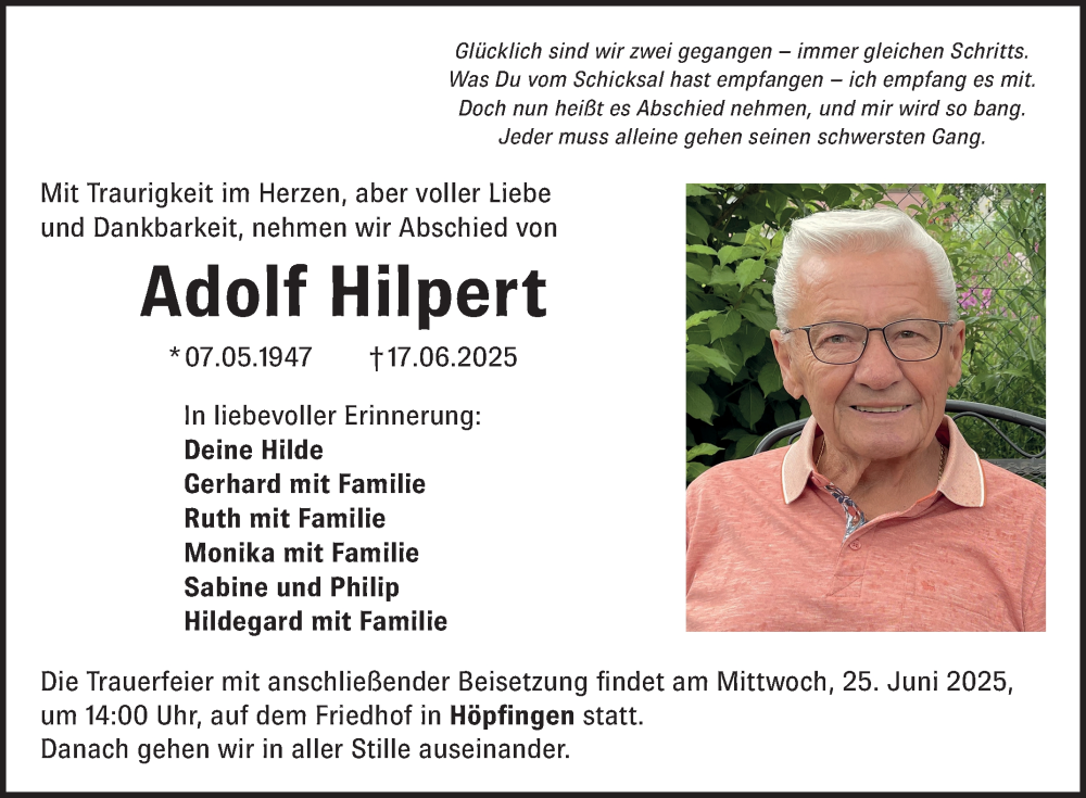  Traueranzeige für Adolf Hilpert vom 21.06.2025 aus Fränkische Nachrichten