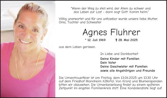 Traueranzeige von Agnes Fluhrer von Mannheimer Morgen