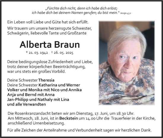 Traueranzeige von Alberta Braun von Fränkische Nachrichten