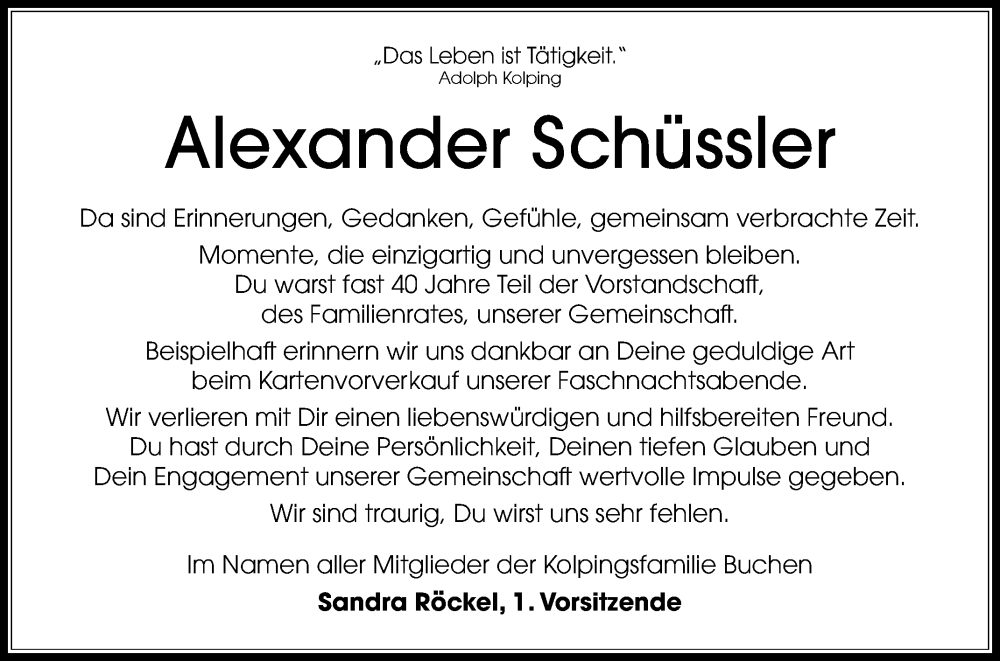  Traueranzeige für Alexander Schüssler vom 18.06.2025 aus Fränkische Nachrichten