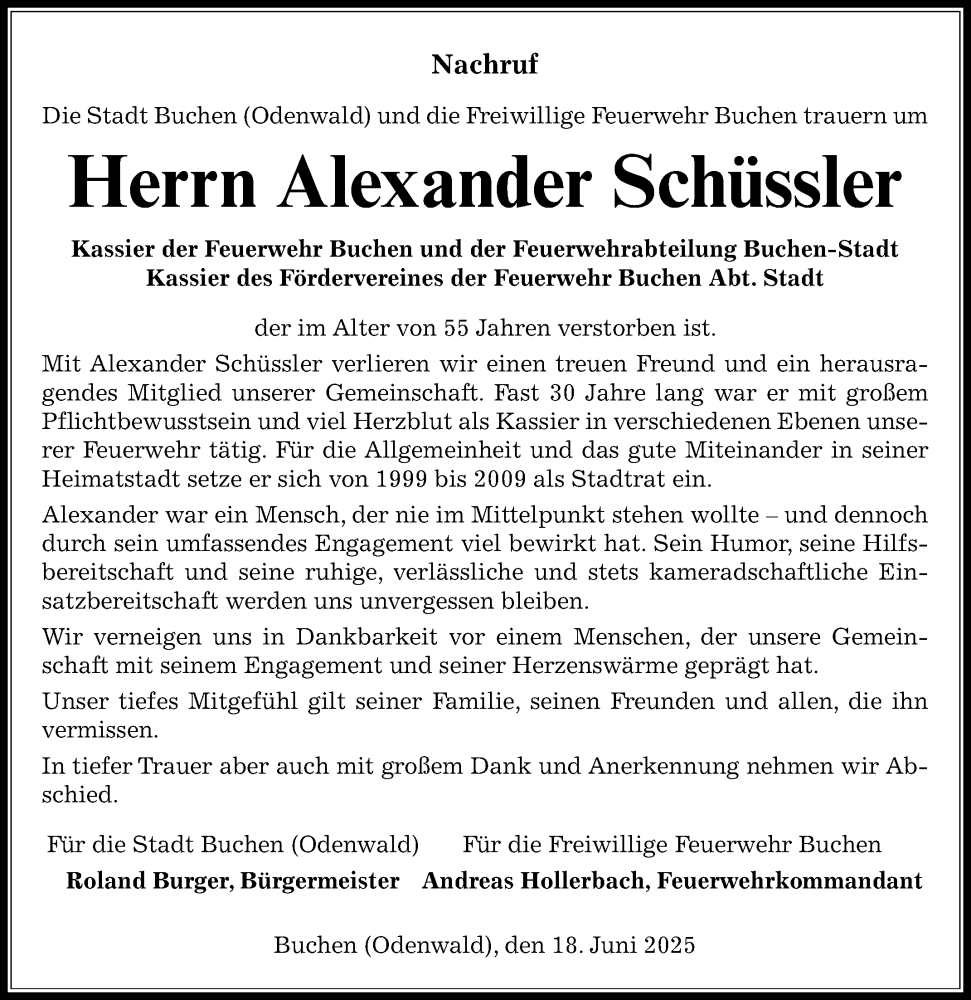  Traueranzeige für Alexander Schüssler vom 18.06.2025 aus Fränkische Nachrichten