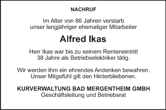 Traueranzeige von Alfred Ikas von Fränkische Nachrichten
