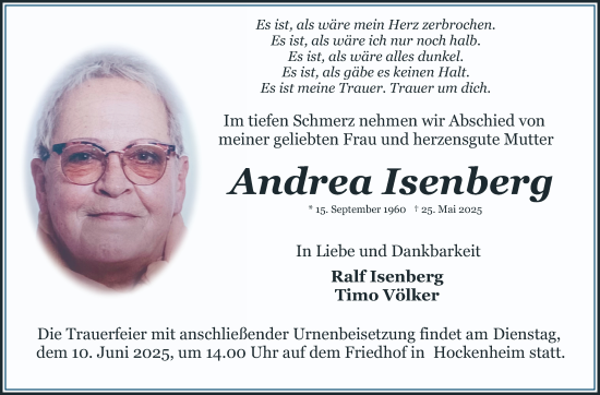 Traueranzeige von Andrea Isenberg von Schwetzinger Zeitung