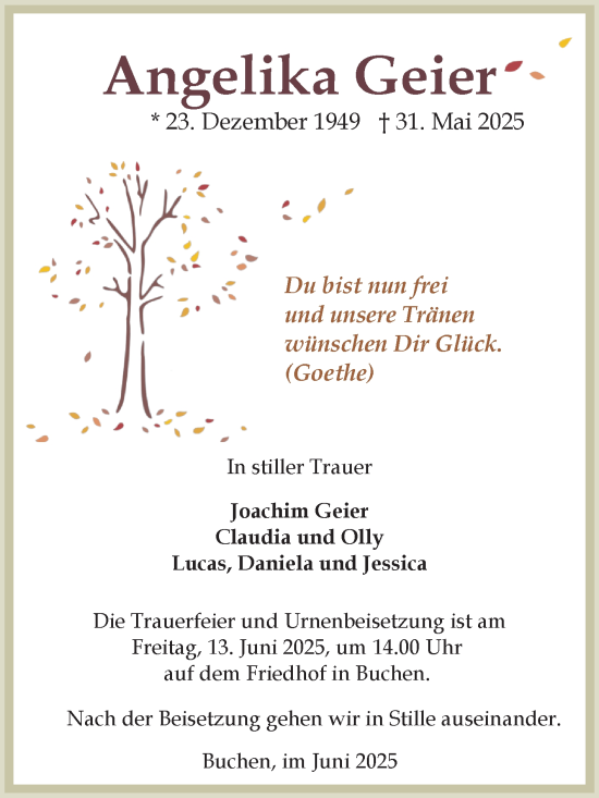 Traueranzeige von Angelika Geier von Fränkische Nachrichten