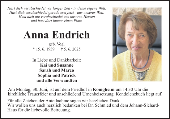 Traueranzeige von Anna Endrich von Fränkische Nachrichten