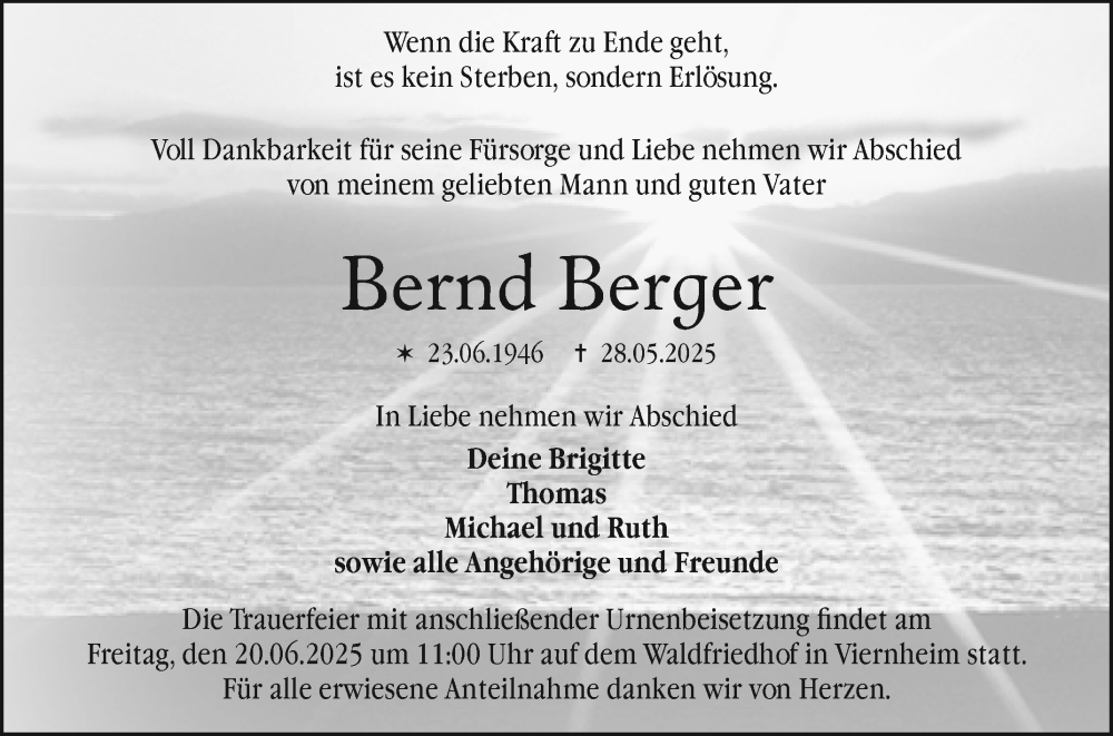  Traueranzeige für Bernd Berger vom 14.06.2025 aus Mannheimer Morgen