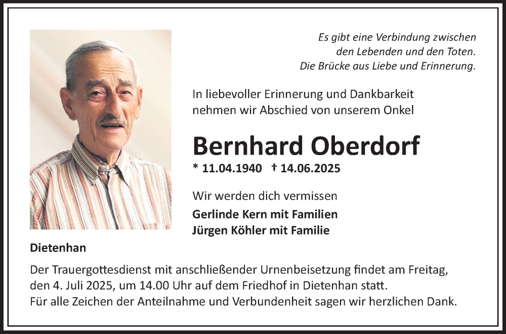  Traueranzeige für Bernhard Oberdorf vom 28.06.2025 aus Fränkische Nachrichten